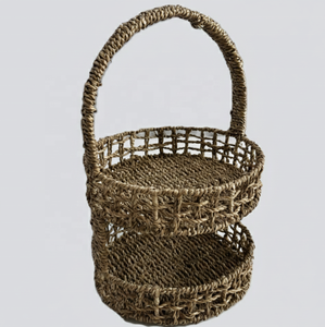 Panier de rangement minimaliste à deux niveaux, double couche, en herbe de mer tressée, fibre naturelle, panier à étages - Product Image 1