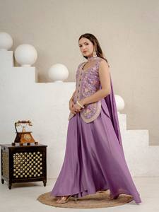 Ensemble indien pakistanais brodé de fleurs violettes, kurti en viscose, pantalon, dupatta, tenue ethnique pour femmes, fête, mariage - Product Image 4