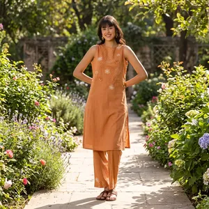 Vestido midi tipo kurta de lino y algodón con bordado naranja, sin mangas, cuello redondo, corte holgado, para uso diario, estilo veraniego. - Product Image 3