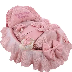 子供の女の赤ちゃんロンパースセット新生児の新しいデザイン冬のニット卸売ピンクのベビーベッド寝袋レースBabynestコットン