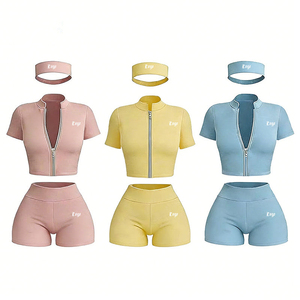 Custom Zip up Yoga Top and High Waist Shorts Leggings Gym Fitness Sportswear Workout <b>Outfits</b> Two <b>Piece</b> Set <b>Women</b> Clothing - Product Image 1