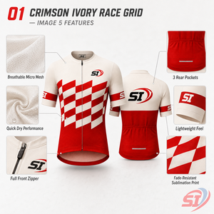 Maillot de cyclisme pour hommes SI, manches courtes, rouge et blanc à carreaux, vêtements de sport respirants en polyester - Product Image 6