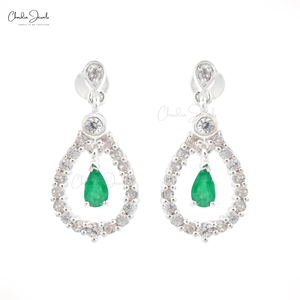 925 Sterling Silver Cubic Zircon Gold Plated Dangling <b>Earrings</b> 5X3MM Pear Cut <b>Emerald</b> Gemstone Drop <b>Earrings</b> Indian Manufacturer - Product Image 1