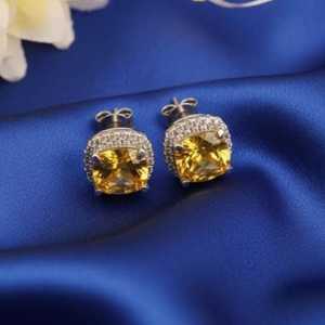 Boucles d'oreilles clous en citrine jaune, faites à la main, forme coussin ronde, en argent sterling 925, délicates, avec fermoir poussoir - Product Image 3