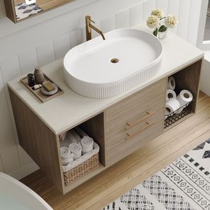 Mobile Bagno Moderno Sospeso da Parete 38.2 con Lavabo Ovale in Ceramica, Mobiletto Multistrato in Legno Massello e Cassetti con Chiusura Ammortizzata - Product Image 2