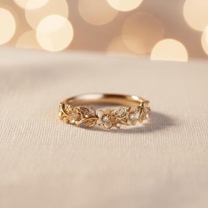 Bague demi-éternité unique en or massif 10K avec diamants de laboratoire style floral, cadeau de fiançailles pour mariage - Product Image 3