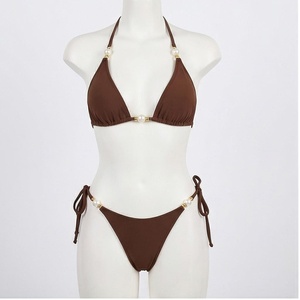 Women Brown Halter <b>Bikini</b> <b>Set</b> With Pearls Tie Side Bottom Solid Color Swimwear Two Piece Beachwear - Product Image 1