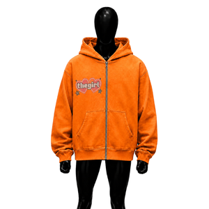 Sudadera con capucha naranja personalizada con cremallera completa para mujer, diseño de corazón con pedrería, estilo urbano, corte holgado, moda casual - Product Image 1