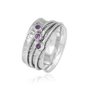 Natural Amethyst 925 Sterling Silver Handmade <b>Spinner</b> <b>Ring</b> Wide Band Meditation <b>Rings</b> Artisan Fidget Jewelry for Women - Product Image 1