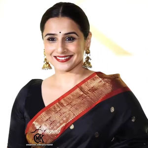 2026 Bollywood Celebrity Vidya Balan Inspired Black <b>Silk</b> Saree Traditional Kanjivaram Style <b>Red</b> Border Tassels Summer Sun - Product Image 1