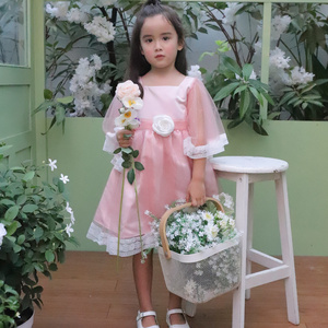 เดรสเด็กผู้หญิงผ้าชีฟองสีชมพูทรงเอพร้อมแขนทรงโคมประดับดอกไม้ความยาวระดับเข่าสไตล์หวานชุดเดรสฤดูใบไม้ผลิ - ชุดเดรสแซดดี้สีชมพู - Product Image 6