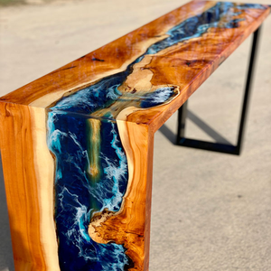Table console en bois massif à bord naturel avec résine époxy, design moderne et actuel, motif rivière, pour décoration de mariage, salon et maison - Product Image 2