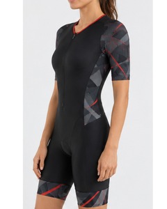 Combinaison de triathlon pour femmes, noir, rouge, gris, motif géométrique, manches courtes, respirante, séchage rapide, compression, réversible - Product Image 6