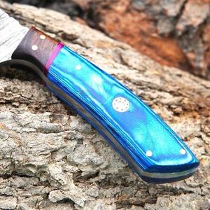 Couteau de chasse en acier Damas à pointe tombante, manche bleu, épaisseur 0,6 mm, bord biseauté, couteau de poche pour la survie en extérieur - Product Image 5