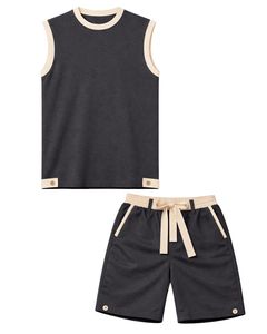 Conjunto de camiseta sin mangas y pantalones cortos para hombre, color gris oscuro, informal, de verano, de algodón, con ribete en contraste y cordón ajustable, de dos piezas. - Product Image 1