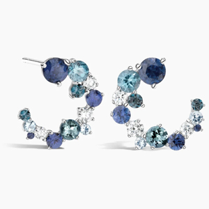 Luxury 925 <b>Silver</b> <b>Huggie</b> Earrings With Round Sapphire And Diamond For Women Everyday Wear - Product Image 1