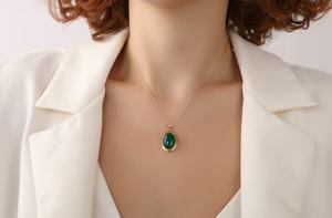 Collier ovale en agate verte, pierre précieuse, argent sterling 925, plaqué or 14 carats, pendentif certifié IGI, bijou cadeau pour enfants - Product Image 2
