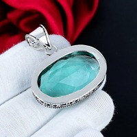 Pendentif solitaire ovale en aquamarine facettée, serti clos, fait main, en argent sterling 925, bijoux de créateur pour femmes et hommes