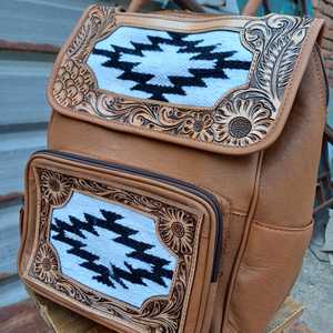 Genuine Leather <b>Backpack</b> With <b>Floral</b> Embossing Tan Color Bohemian Style Zipper Closure Daily Use Women's Bag - Product Image 3