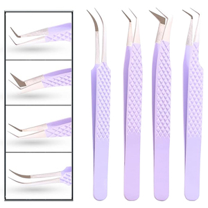 Ensemble de 4 pinces à épiler pour extensions de cils, dégradé violet |   Pinces à cils en acier inoxydable à pointe lisse avec poignée diamantée haute précision - Product Image 2