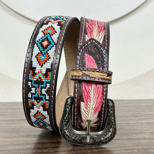 2025 Design de luxe à la mode élégant en cuir usiné à la main Durable en cuir de vachette véritable perlé alliage boucle ardillon ceintures pour unisexe - Product Image 5