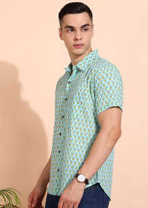 Mens Mint Cotton Cambric Handblock Printed Regular Fit Shirt Designed For International Casual Summer Wear With Shirt Collar - Product Image 5