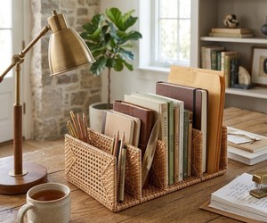 Organisateur de bureau multi-compartiments en rotin tressé à la main pour livres, dossiers, magazines et fournitures de bureau, fabriqué au Vietnam - Product Image 4