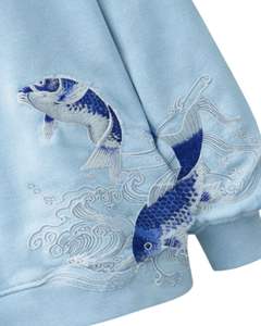 Sweat-shirt en molleton surdimensionné bleu clair personnalisé pour femme, col montant, broderie poisson Koi, pull décontracté d'hiver en coton et polyester - Product Image 5