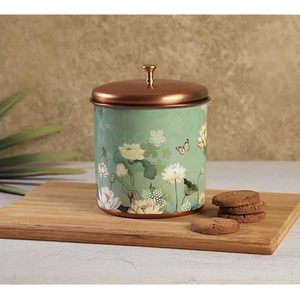 Boîte alimentaire ronde en métal avec couvercle, motif floral, couvercle en cuivre vert, pot de rangement pour la cuisine - Product Image 1