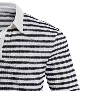 Polo de Manga Larga para Hombre, Camiseta de Punto a Rayas, Cuello con Botones, Estilo Casual, Negro y Blanco - Product Image 3