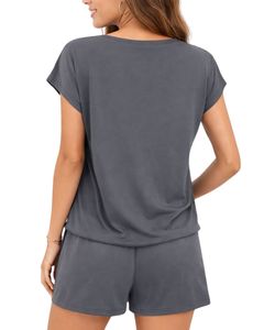 Charcoal Grey <b>Women</b> Lounge Set Short Sleeve TShirt Shorts Casual Summer Pajama Set Soft Breathable Cotton Blend Two Piece Outfit - Product Image 2