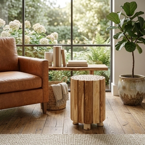 New Modern Minimalist Skena Fill Wooden <b>Stool</b> Natural Solid Teak Branch Mosaic Top Round Side Accent <b>Table</b> Living Room Patio - Product Image 5