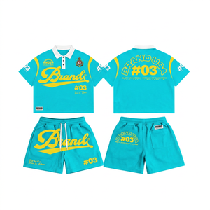 ชุดเสื้อโปโลและกางเกงขาสั้นสีเขียวสำหรับผู้ชาย ชุดลำลองสำหรับฤดูร้อน พิมพ์ลายโลโก้สีเหลือง ชุดผ้าฝ้ายระบายอากาศได้ดี - Product Image 2