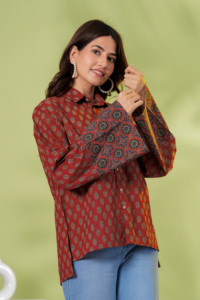 Women <b>Rust</b> Printed Shirt <b>Top</b> Ethnic Casual Button Down Ladies Tunic with Bell Sleeves - Product Image 2