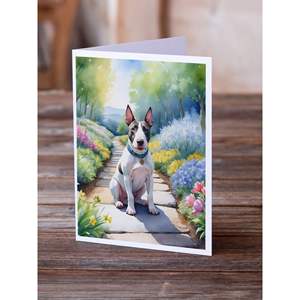 Whimsical A7 Tamaño 5x7 New Bull Terrier Spring Path Tarjetas de felicitación Paquete de 8 tarjetas de nota en blanco con sobres - Product Image 2