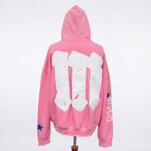 Sudadera con Capucha Oversize Rosa con Diseño de Parches y Estampado Minoritario, Aplique de Estrella, Bolsillo Frontal, Unisex, para Otoño - Product Image 2