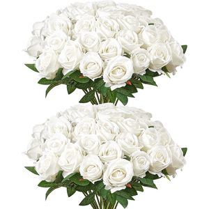 Realistico 60 pz fiori artificiali rose bianche Bouquet per decorazioni per la casa di natale - Product Image 1