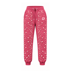 Pantalones Deportivos con Cuentas de Perlas Rosa, Pantalones de Chándal de Lujo para Mujer, Pantalones Casuales de Calle con Cordón Ajustable y Bolsillos - Product Image 1