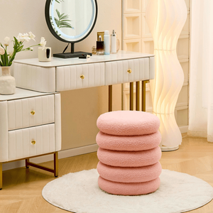 Modern Round Sherpa Footstool Teddy Vanity <b>Stool</b> with Flip Top Tray Upholstered Makeup Chair for Home Decor <b>Storage</b> Ottoman - Product Image 4