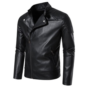 Men's Black PU Leather <b>Motor</b> <b>bike</b> Jacket Slim Fit Zipper Regular Sleeve Solid Color Autumn Wear - Product Image 1
