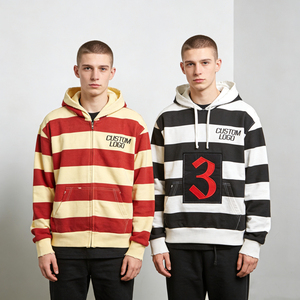 Sweat-shirts à capuche personnalisés pour hommes, rayés, oversize, zippés, en polaire vintage, style streetwear décontracté, avec patch numéro brodé - Product Image 1
