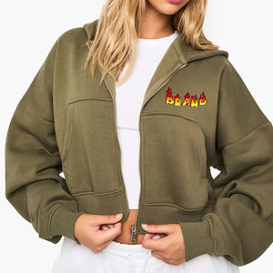 Sudadera con Capucha y Cierre de Cremallera para Mujer, Color Verde Oliva, con Logotipo de Llama en el Bolsillo Delantero, Estilo Casual para Otoño, Corte Corto - Product Image 4
