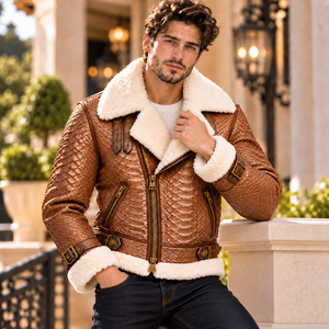 <b>Men's</b> Gray Snake Embossed <b>Shearling</b> Leather <b>Jacket</b> Herr Skinnjacka Fårskinnsjacka Motorcykeljacka Custom OEM Grossist Fabrik - Product Image 6