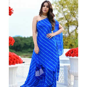 Ensemble Kurta bleu orné à une épaule pour femme, taille XS, en tissu mousseline - Product Image 2