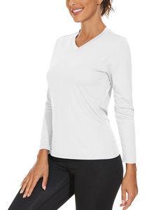 Camiseta de Punto de Manga Larga con Cuello en V Azul para Mujer, de Secado Rápido, Corte Regular, Color Sólido, Informal, para Primavera y Verano - Product Image 5
