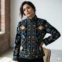 Blouson Bomber en Velours Tricoté Matelassé Brodé Suzani, Fait Main, Motif Floral Bohème, Manches Longues, Respirant, Idéal Automne