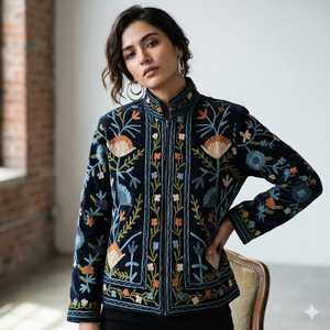 Suzani Embroidered Knitted Velvet Bomber <b>Jacket</b> Handcrafted Floral Boho Statement Wear Full Sleeve Autumn Outerwear Breathable - Product Image 3