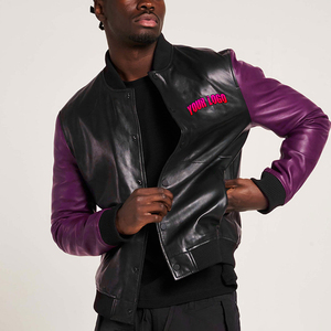 Blouson Bomber en Cuir PU pour Homme, Bicolore Violet et Noir, Logo Thermocollé sur le Devant, Style Décontracté pour l'Automne - Product Image 3