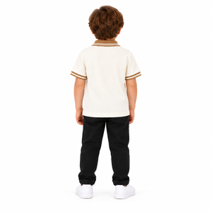 Kids Boys <b>Cream</b> Ribbed Knitted Polo Shirt Oversized Contrast Brown Stripe Collar Short Sleeve Casual Cotton Summer Fashion Top - Product Image 6
