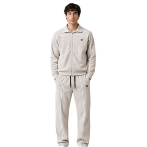 Premium Knitted Cotton Men's Two Piece <b>Zipper</b> <b>Jacket</b> and Wide Leg Pant Custom Logo Breathable Fleece Hoodies Sets Manufacturer - Product Image 1